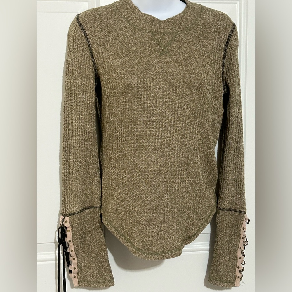 Free People Olive V-Neck Sweater with Lace-Up Sleeves